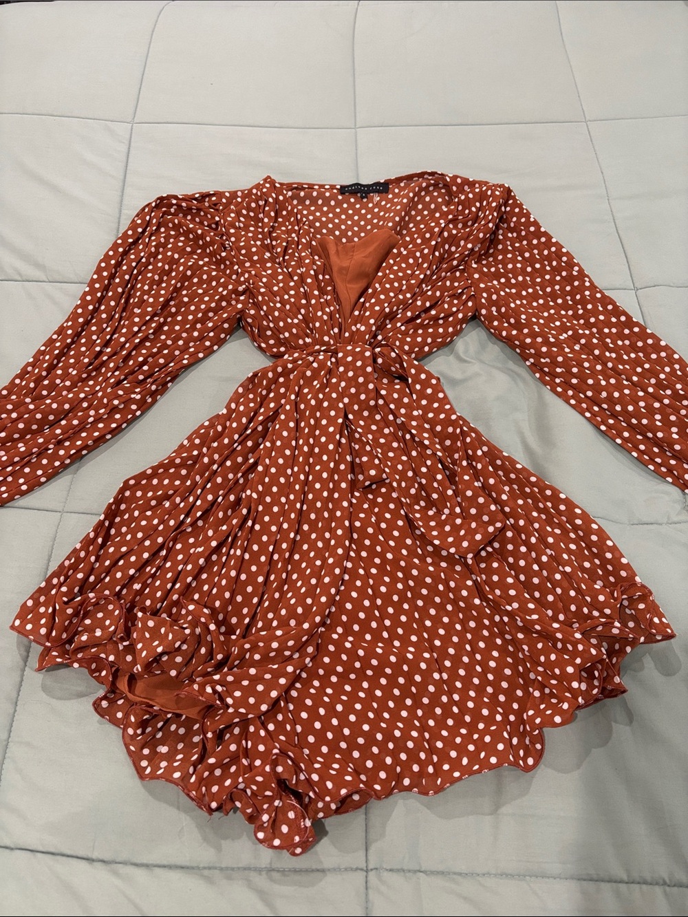 Polka Dot Wrap Mini Romper in Rust